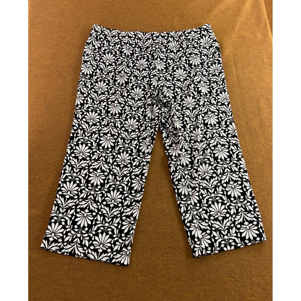 Belle Kim Gravel Womens 3X Black White Floral Damask Wide Leg Crop Pants New